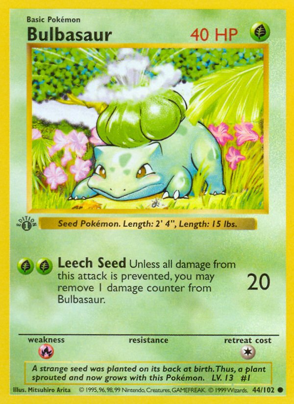 Bulbasaur (44/102) (Shadowless) [Base Set 1st Edition] - Dark Crystal Cards