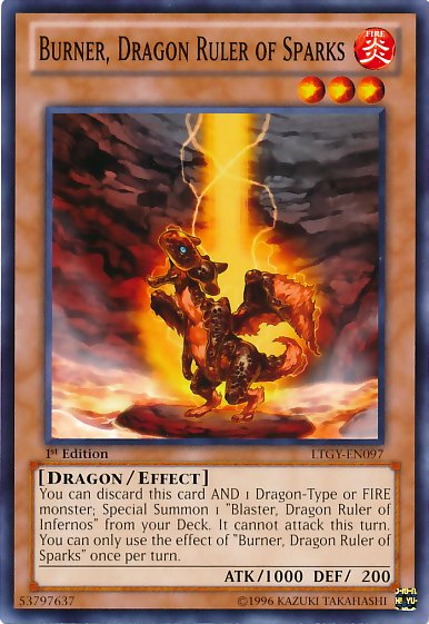 Burner, Dragon Ruler of Sparks [LTGY - EN097] Common - Dark Crystal Cards