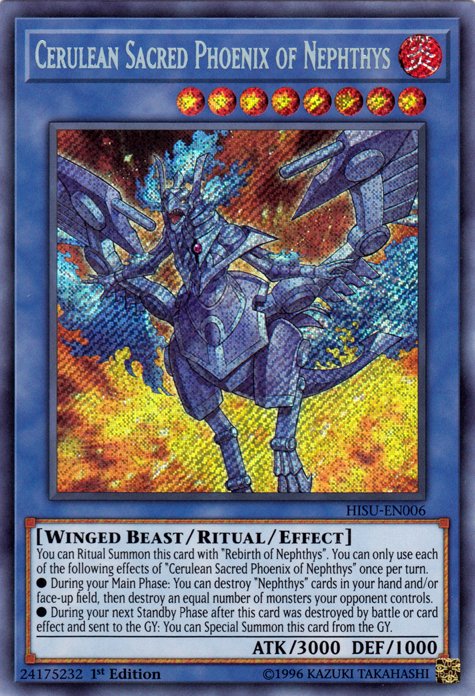 Cerulean Sacred Phoenix of Nephthys [HISU - EN006] Secret Rare - Dark Crystal Cards