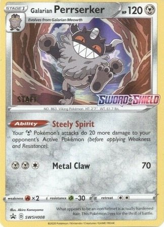 Galarian Perrserker (SWSH008) (Staff Prerelease Promo) [Sword & Shield: Black Star Promos] - Dark Crystal Cards